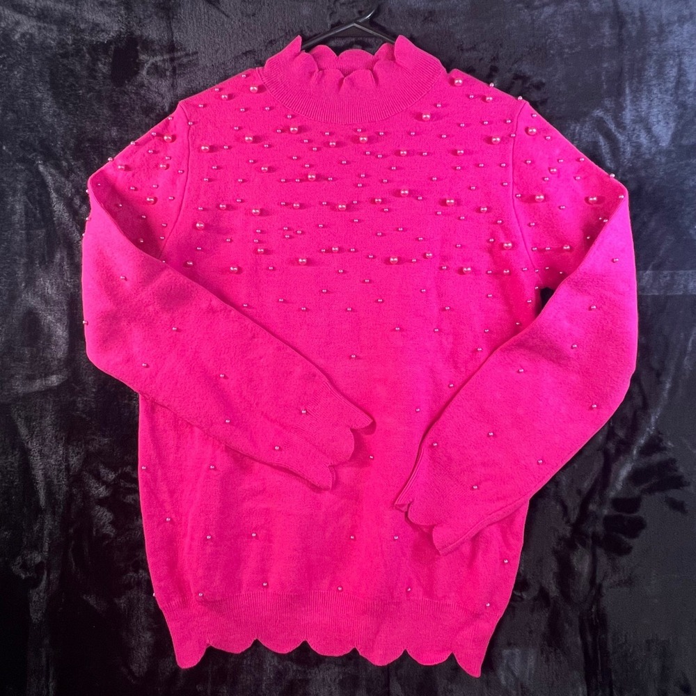 Hot Pink XL Mock Neck Sweater Faux Pearl Scalloped Hem Barbiecore Coquette Girly
